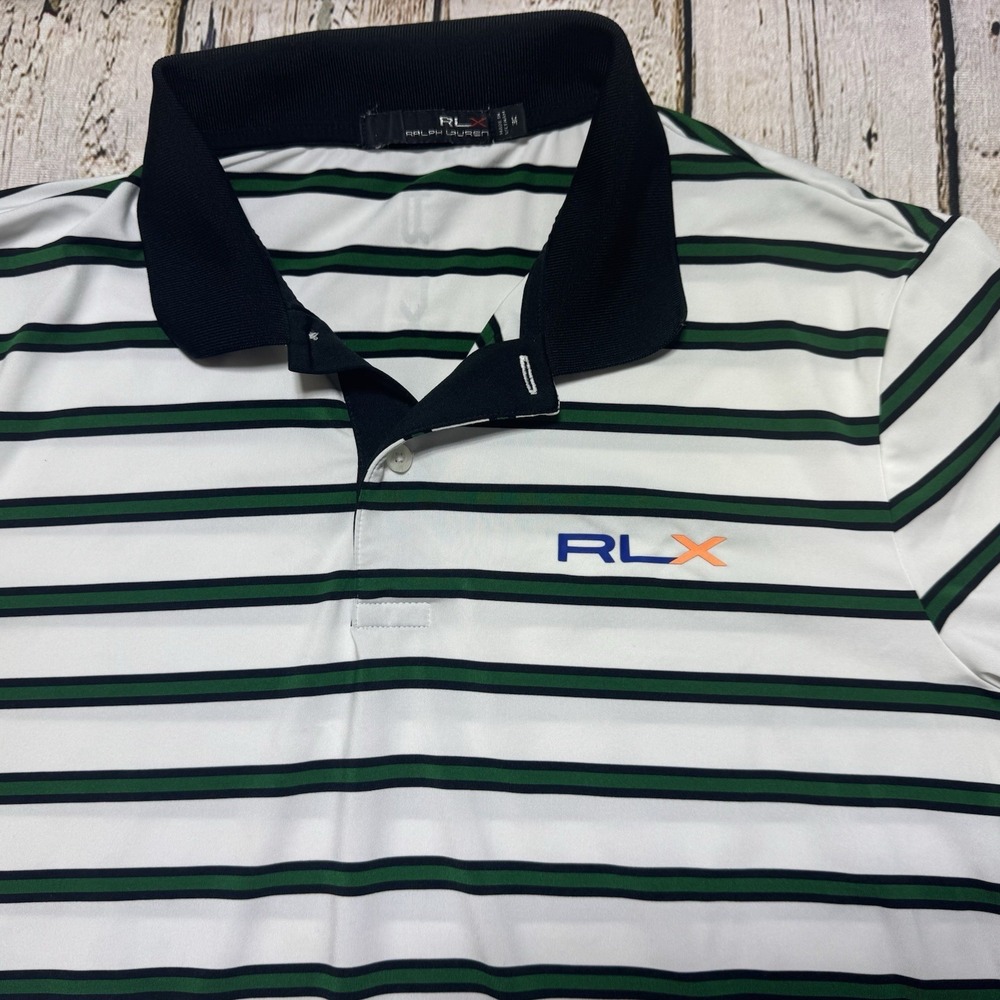 Ralph Lauren RLX Polo Shirt Mens M Blue Green White Stripe Golf Performance Logo